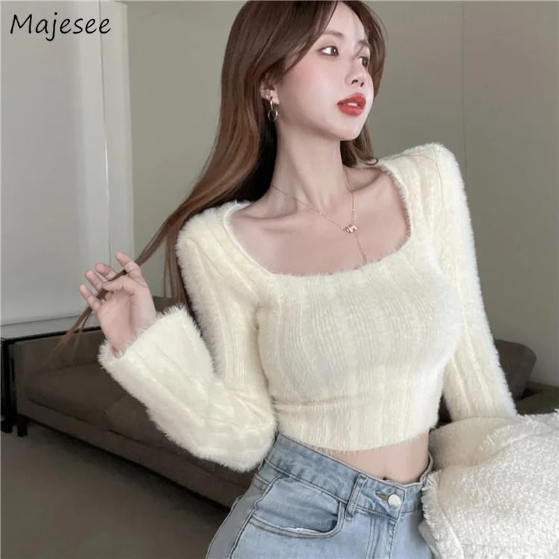 Pullovers Women Clothing Slim Solid Sexy Long-sleeve Autumn All-match Fashion Knitted Casual Office Lady Female Daily Elegant