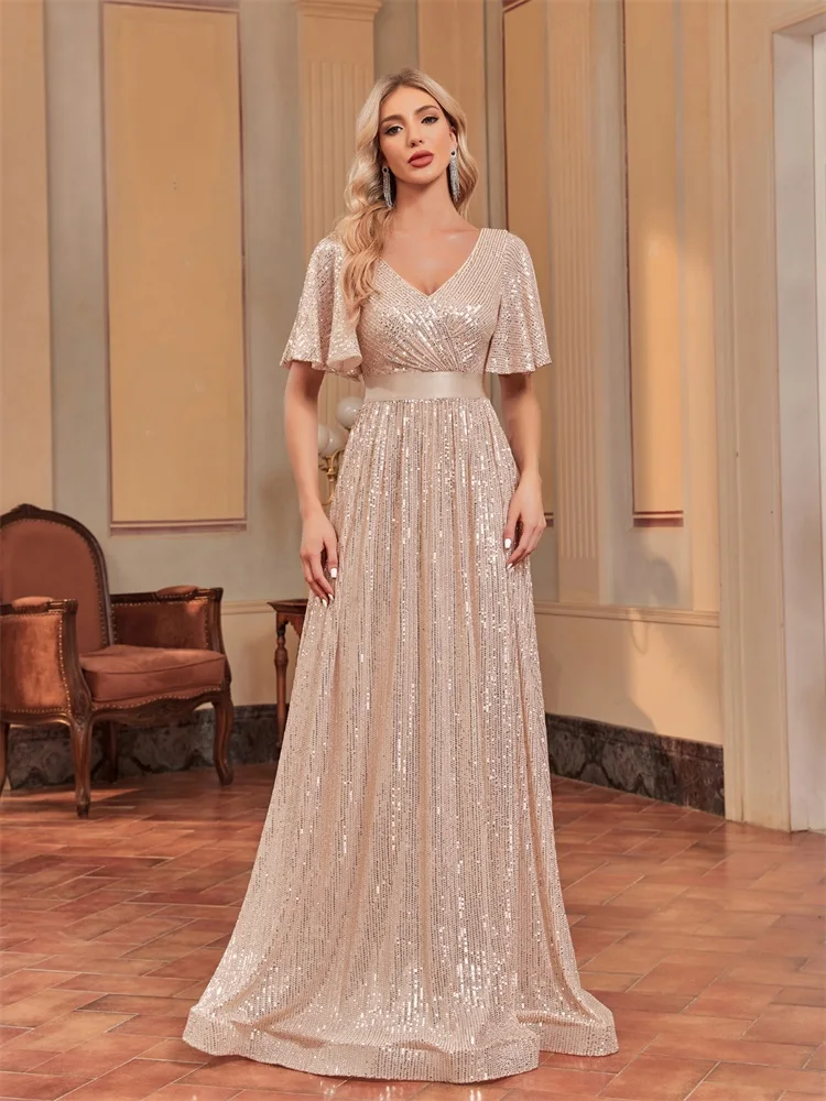 

Роскошные вечерние платья с v-образным вырезом и короткими рукавами, элегантные женские коктейльные платья макси с блестками для свадебной вечеринки и выпускного вечера