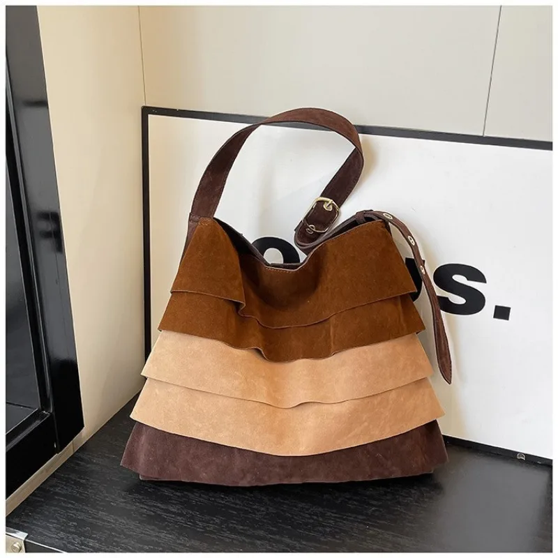 

1pcs PU Tiered Crossbody Bag Caramel Brown Color Block Large Capacity Shoulder Bag