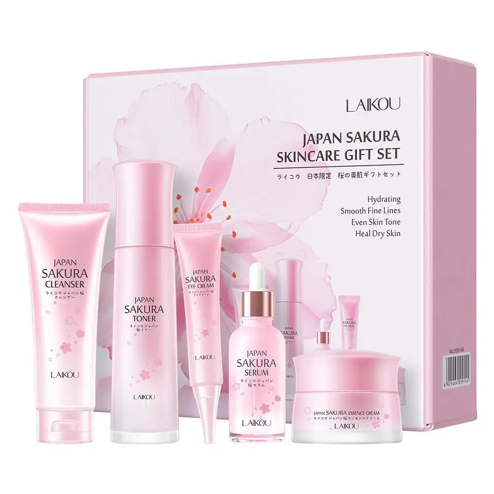 LAIKOU Japan Sakura Skin Care Set Serum Rejuvenating Brightening Cream Glowing Moisturizer Fade Blemishes 5pcs/set