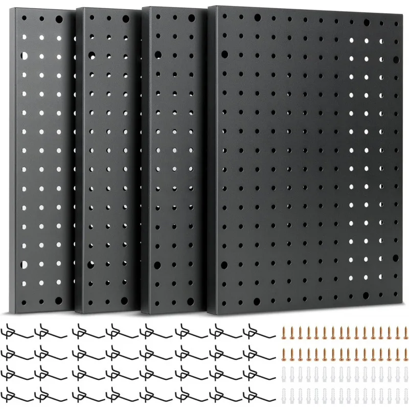 Thicker black metal storage rack hanger board used on the wall for modular tool storage and organization in stores and warehouse