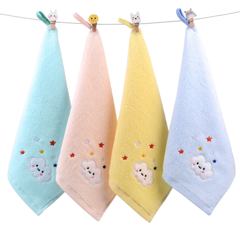 Cotton Handkerchief for Kindergarten Children – Embroidered 25×25 Cm Baby Drool Towel / Soft Face Wipe with Hanging Loop.