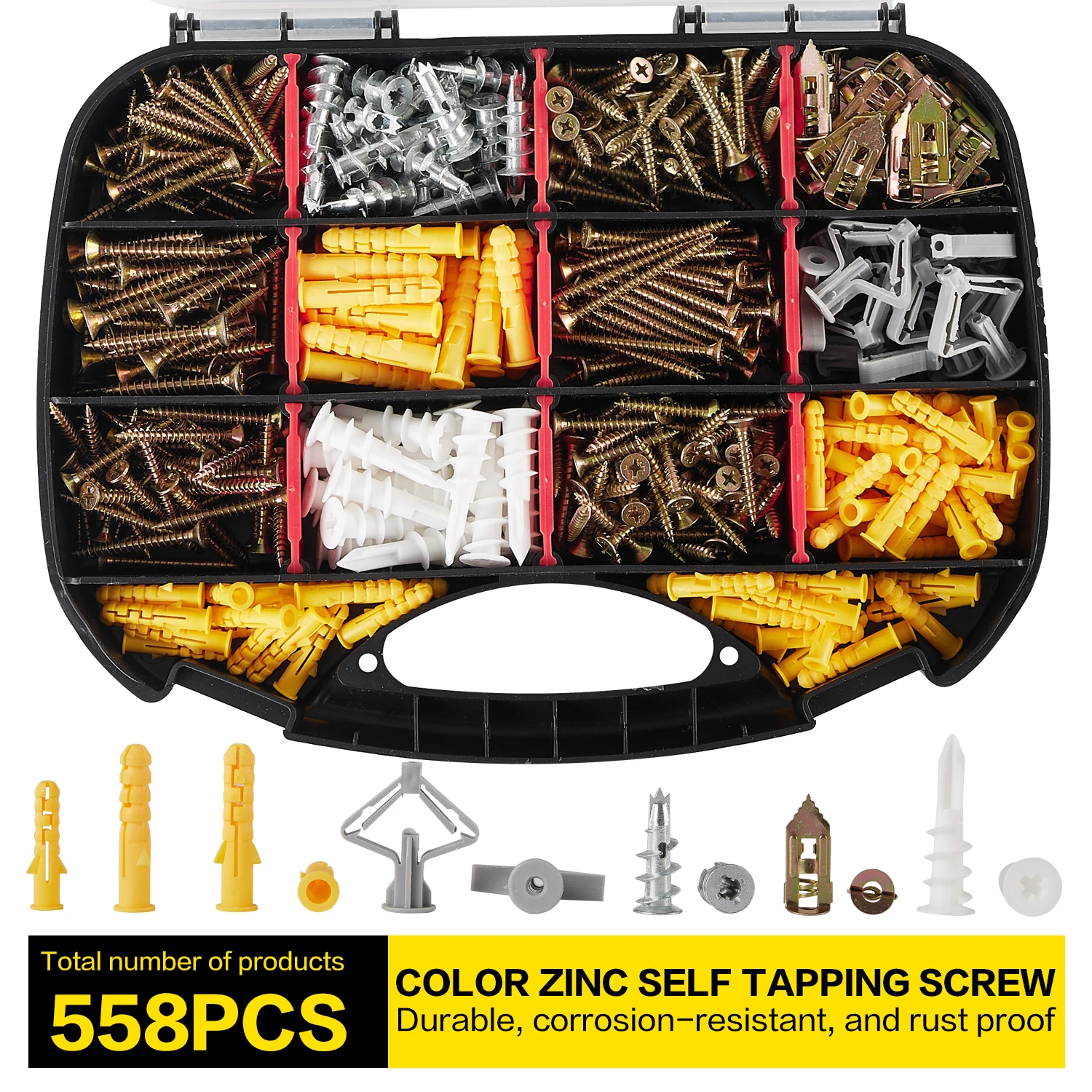 558pcs Drywall Anchors and Screws Assortment Kit 7 sizes wall anchors with flat head screws, picture hanging set for wall art and new home decor