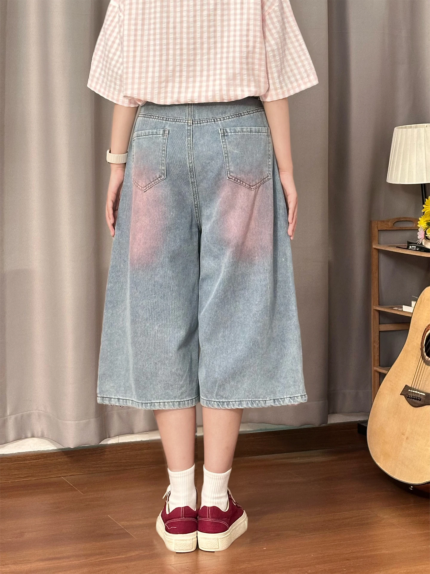 Retro American Star  Embroidery Denim Jeans Loose Wide Leg Shorts Women's Summer Comfortable Casual Cartoon Print Pants