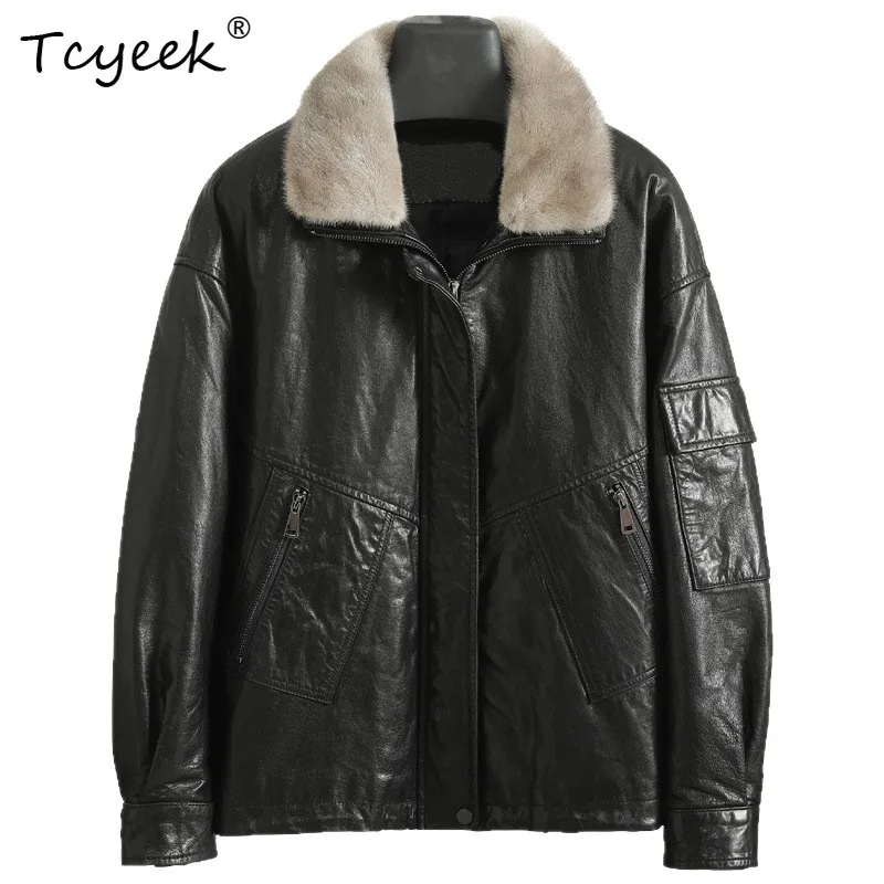 Tcyeek Top Layer Cowhide Real Leather Jacket Women Winter Clothes Real Mink Fur Collar Warm White Goose Down Coats Woman Fashion