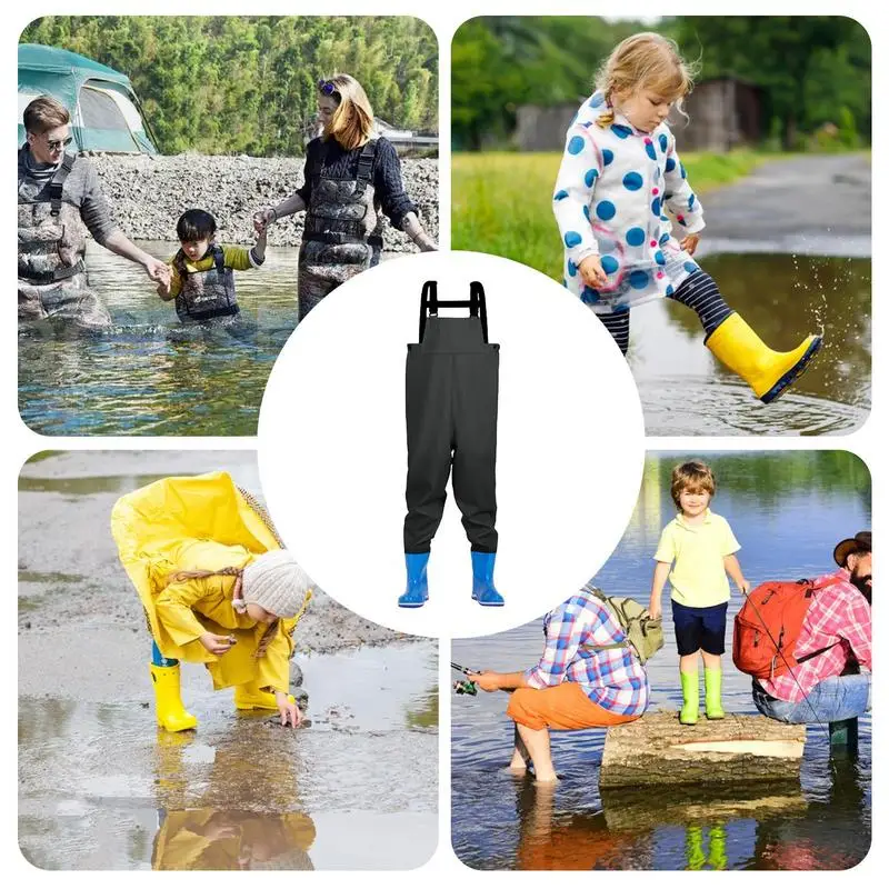 2024 bambini pesca petto trampolieri attività all\'aperto ragazza ragazzo PVC pantaloni antipioggia impermeabile Bootfoot tuta da pesca da caccia ad