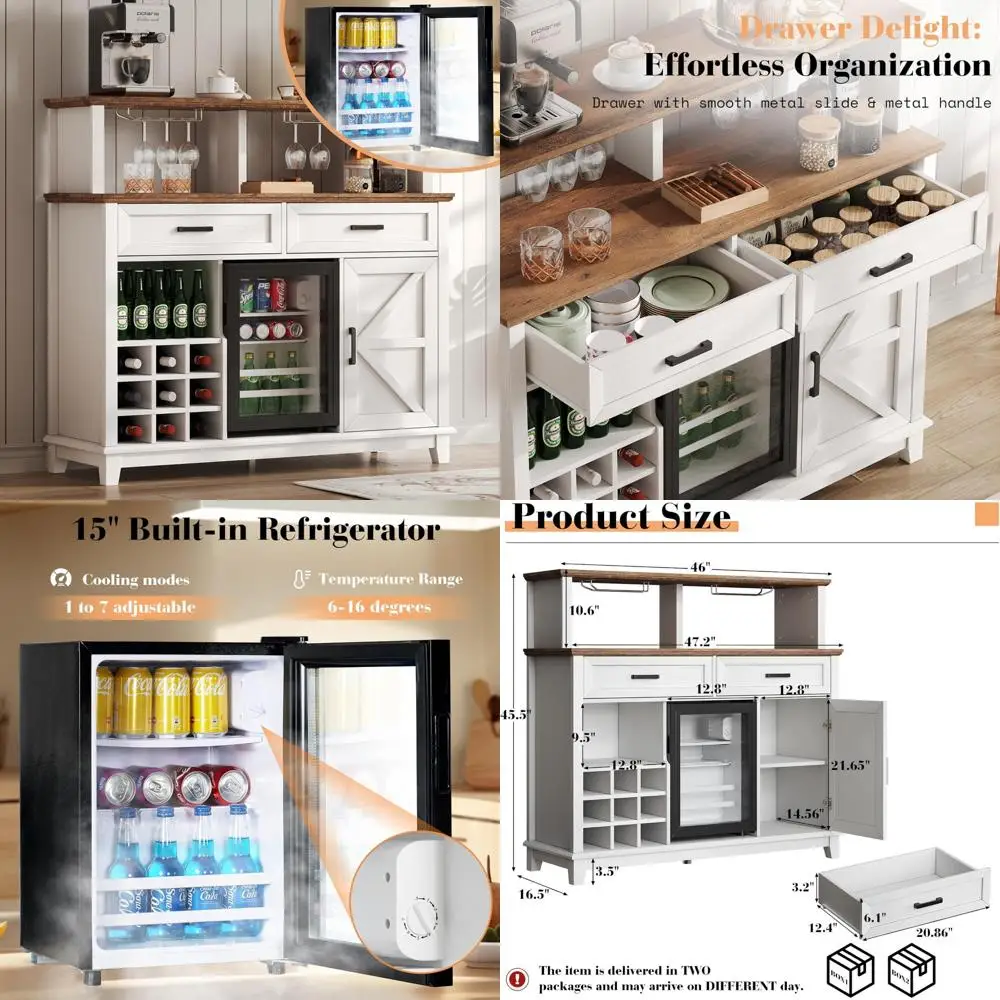 خزانة بار القهوة على طراز المزرعة مقاس 47 بوصة مع ثلاجة ورف النبيذ وحامل زجاجي وأدراج تخزين #1