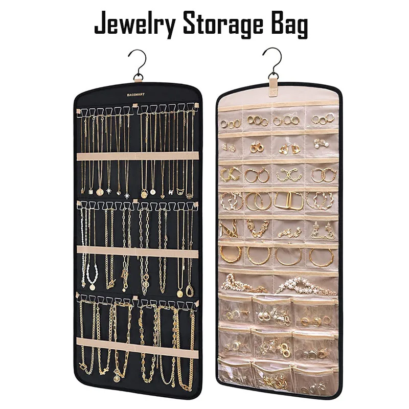 

Hanging Jewelry Storage Bag, Necklace Holder, Anti-Tangle, Earring, Ring Hook with Pocket, Can Be Hanged on Wardrobe Wall Door