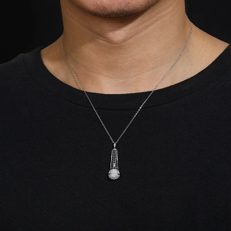 

Iced Out Microphone Pendant Necklace, CZ Paved Mic Charm, Hip Hop Rapper Jewelry, Music Lover Gift, Gold/Silver Plated Option