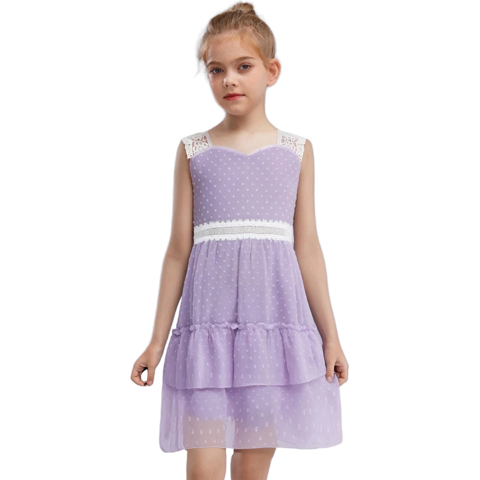 

New Girls Summer Casual Dress Lace Shoulder Strap Sleeveless High Waist Chiffon A-line Dress for Banquet Wedding Birthday Party