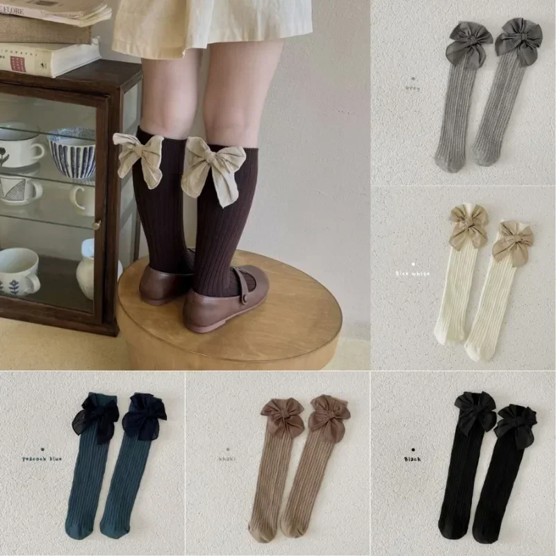 Sweet Retro Princess Calf Sock for Kids Girl Bow Ribbon Lace Lolita Sock for Little Girl Spring Autumn Soft Cotton School Sock