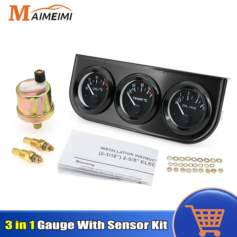 3 in 1 Gauge Voltmeter Water Temp Oil Temp Gauge Oil Pressure Gauges Kit With 1/8 NPT Sensor Triple Mete For 12V Car SUV Truck