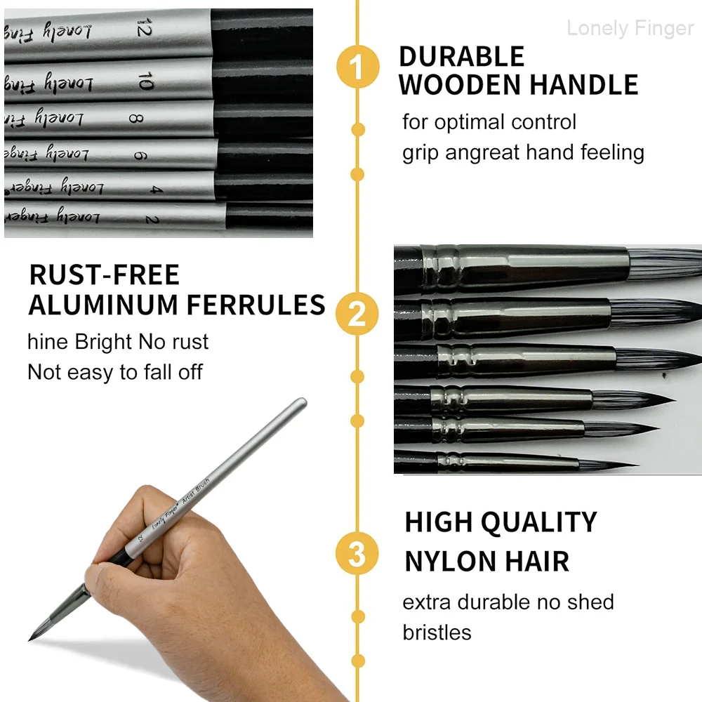 6pcs Round Pointed Brushes Set, Premium Handle Artist Brushes with Synthetic Tips, Round, Acrylic, Oil, Watercolor, & A