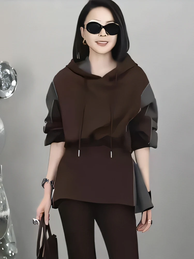 

Модная европейская толстовка средней длины с контрастными вставками, стройнящий универсальный топ для женщин больших размеров