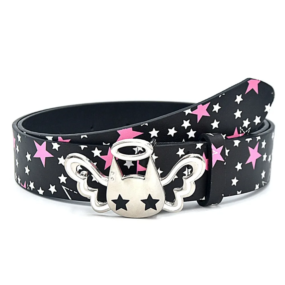 PU Leather Strap Women Waist Belt Pink Bow Decor Casual Star Print Belt Adjustable All Over Star Print Decorative Jean Belt