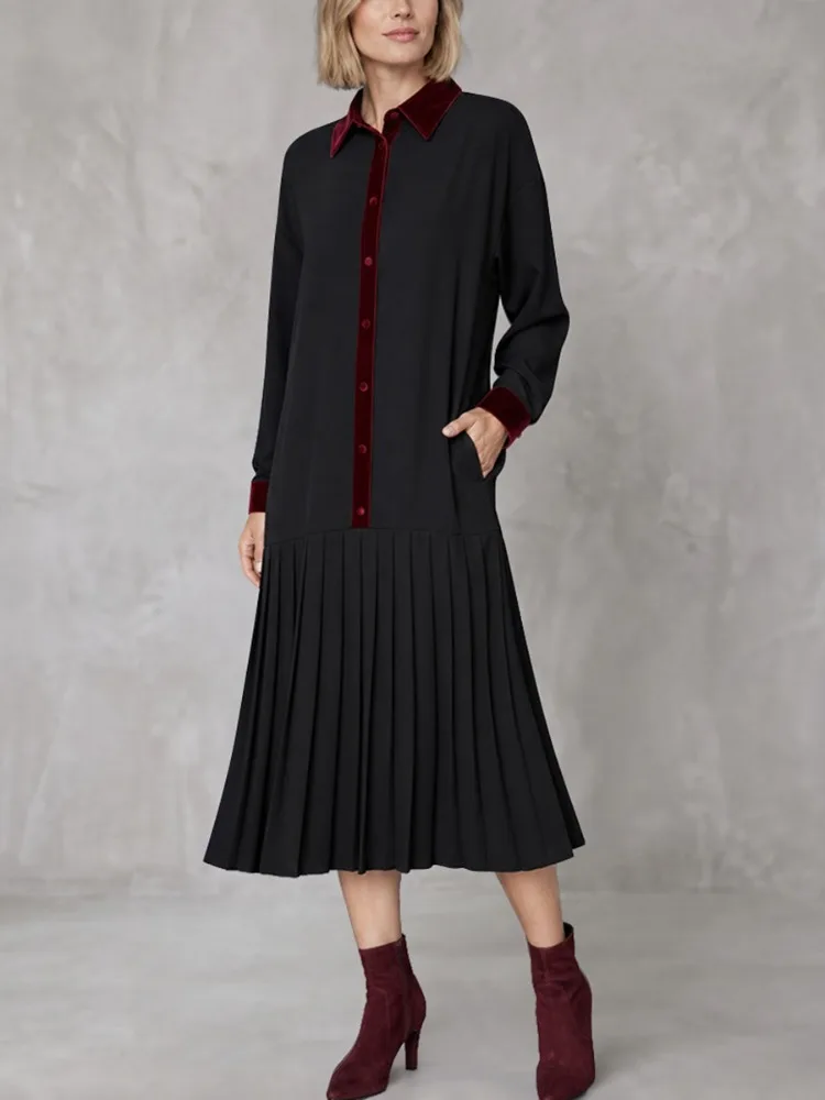 UOOZEE Women's Velvet Contrast Color Lapel Shirt Dress Long Sleeves Pleated Hem Loose Elegant Office Party Evening Midi Dresses