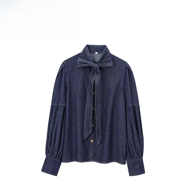 

ZBZA Autumn New Women's Faionable Street Sle Long Sve Denim irt with Bow Tie Design Polyester Fiber Casual Top