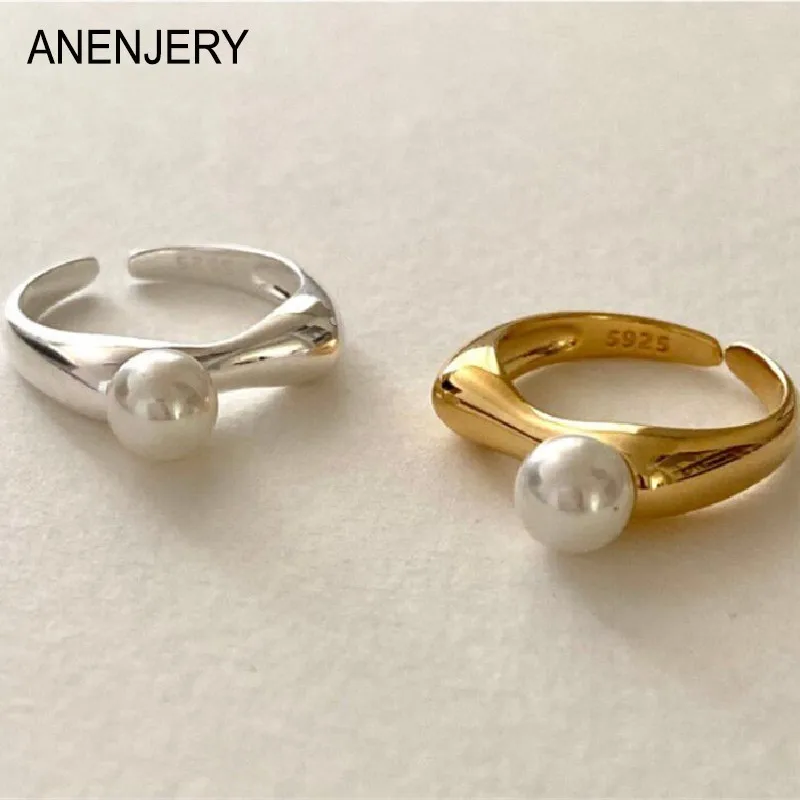 ANENJERY Pearl Glossy Open Ring for Women French Exquisite Goden Silver Color Ring All-Matching Accessories anillos bague