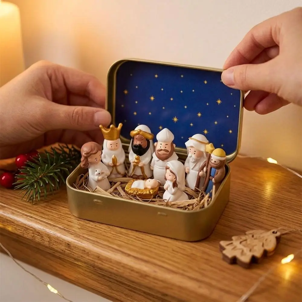 Holy Family Nativity Manger Scene Kit Shepherd Animal Star Liner Mini Christmas Nativity Set Cartoon Hand Painted