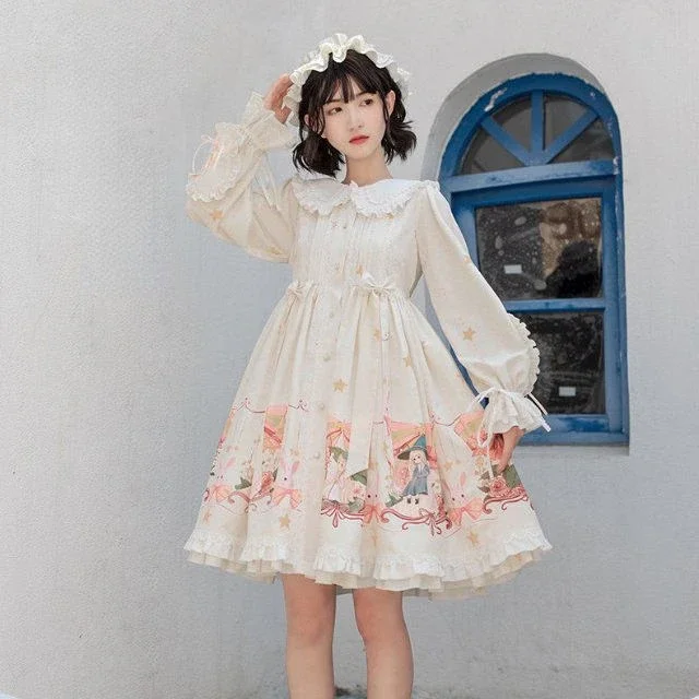 MAGOGO Japanese Sweet Lolita OP Dress Girls Kawaii Cartoon Print Bow Ruffles Princess Dresses Women Long Sleeve Party Vestidos