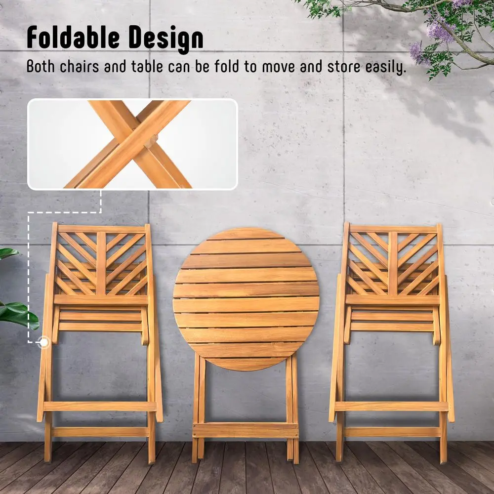 

3Piece Acacia Wood Patio Set, Foldable Bistro Table and Chairs Set of 2, Small Patio Furniture Set with Cushions, Folding Balco
