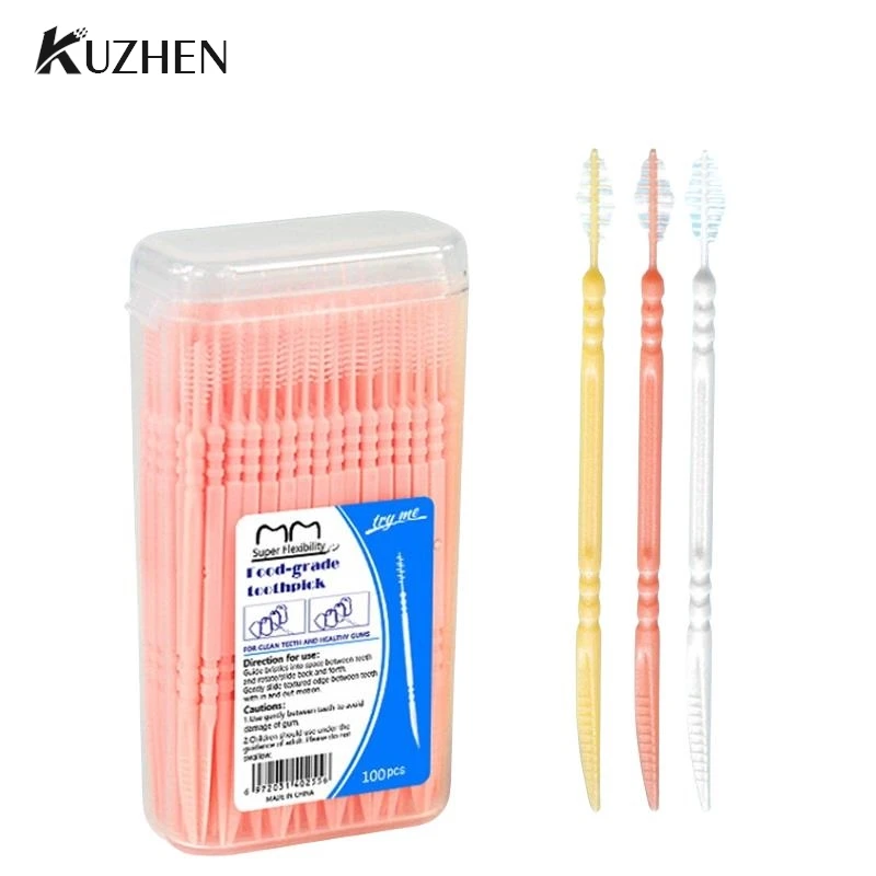 

100pcs/box Double Head Dental Floss Interdental Toothpick Brush Brush Teeth Stick Dental Oral Care Toothpicks Floss Pick