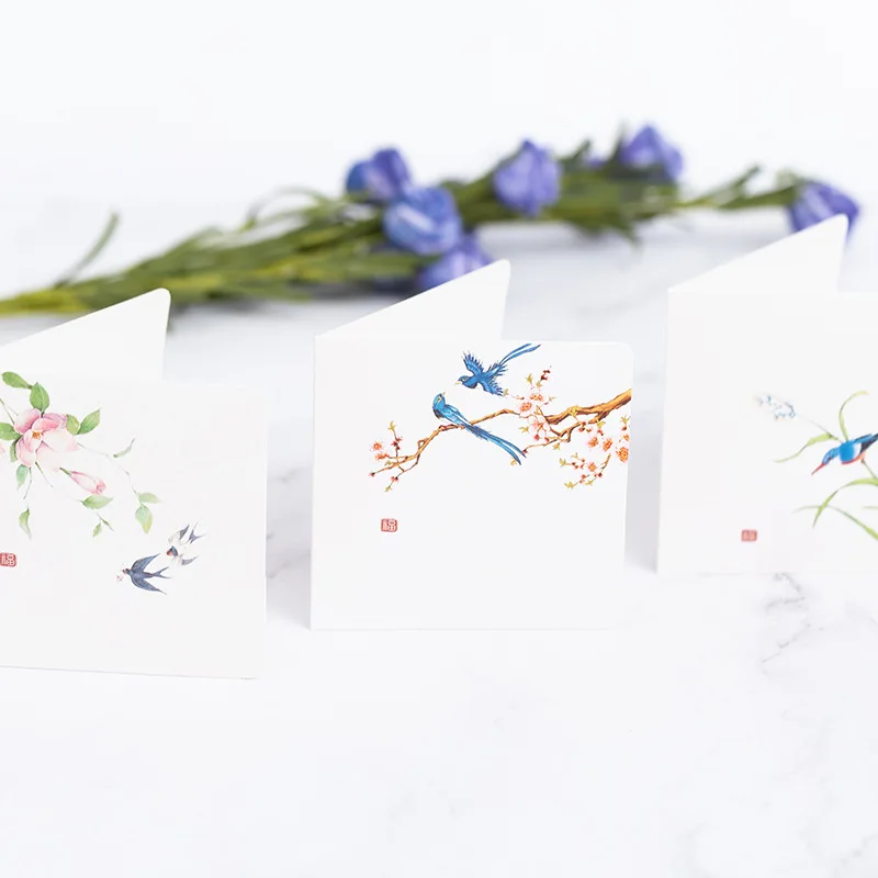 10Pcs/Set Chinese Style Flower Bird Greeting Cards Birthday Wedding Thank You Blessing Card Invitations for Mothers Father\'s Day