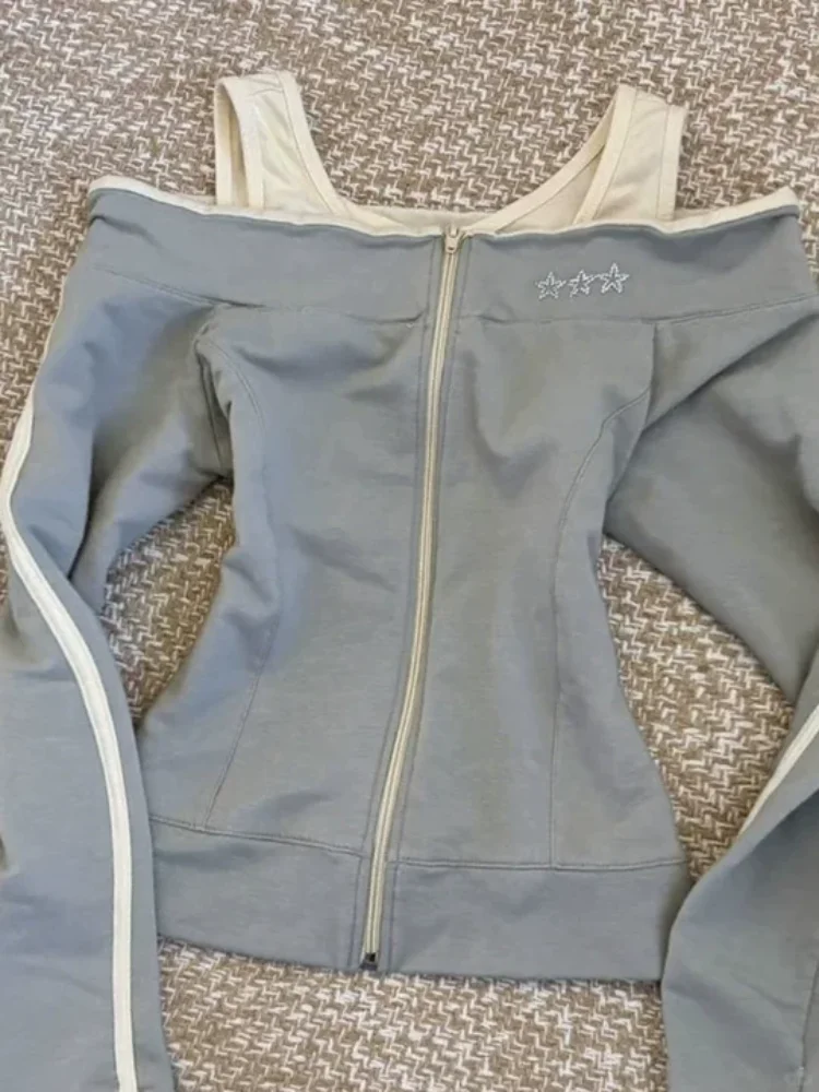 Y2k Harajuku style spicy girl fake two gray hoodies autumn American retro spicy girl slim fit fashionable women's tops emo