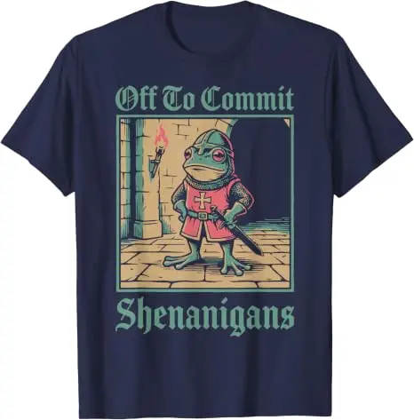 Off To Commit Shenanigans Frog T-Shirt Y2k Vintage Medieval Knight Frog Aesthetic Clothes Short Sleeve Soft Cotton Tee Shirts