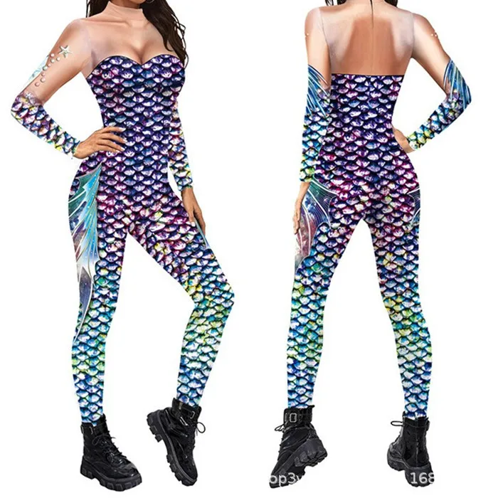 Erwachsenen-Jumpsuit mit Fischschuppen-Druck, Meerjungfrauen-Cosplay-Bodysuit, Kostüm für Halloween-Party, Rollenspiel, Karneval, Digitaldruck-Outfit – Detail 5