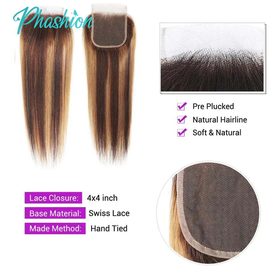 Phashion 28 26 Inch Highlight 13x6 13x4 Lace Frontal Straight HD Transparent P4/27 6 by 6 5x5 4x4 2x6 Closure 100% Human Hair