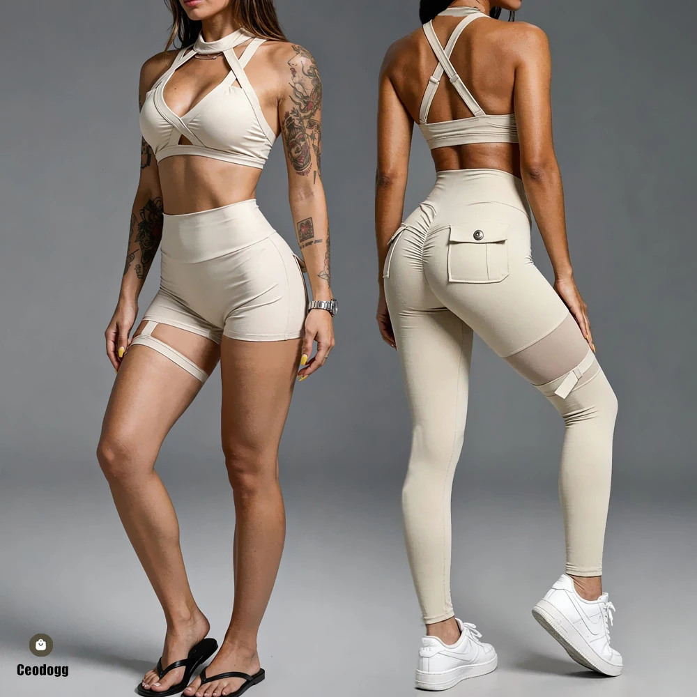 2Pcs Halter Mesh Buckle Women Sportswear Yoga Set Cross Bra Workout Athletic Wear Gym Scrunch Shorts Fitness Bra Yoga Suit XP118