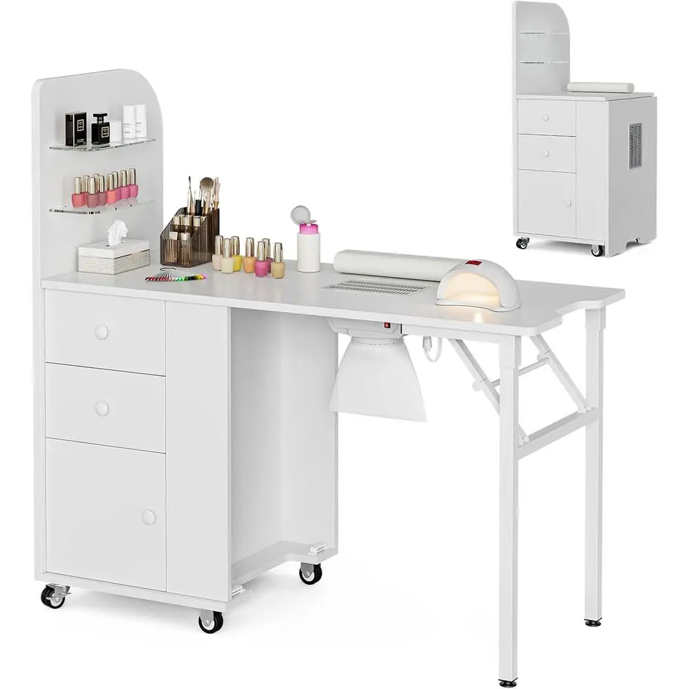 

Adjustable Nail Manicure Table with Dust Collector, 2 Shelves, Drawers, Wrist Support, Lockable Wheels
