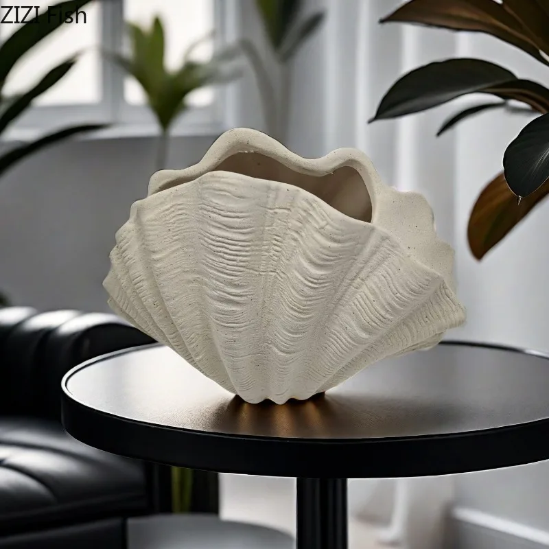 Beige Shell Ornament Ceramic Vase Flower Arrangement Dried Flower Vases Hydroponic Vase Decorative Vases Flowers Vessels Crafts