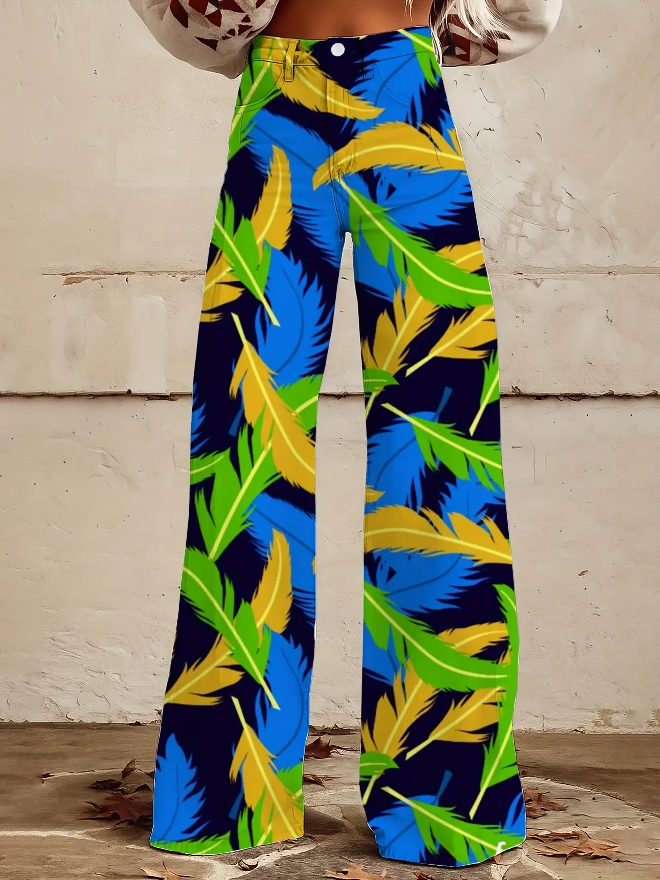 

Ladies' plus large casual jeans with colorful western prints , casual color feather print loose horn imitation jeans