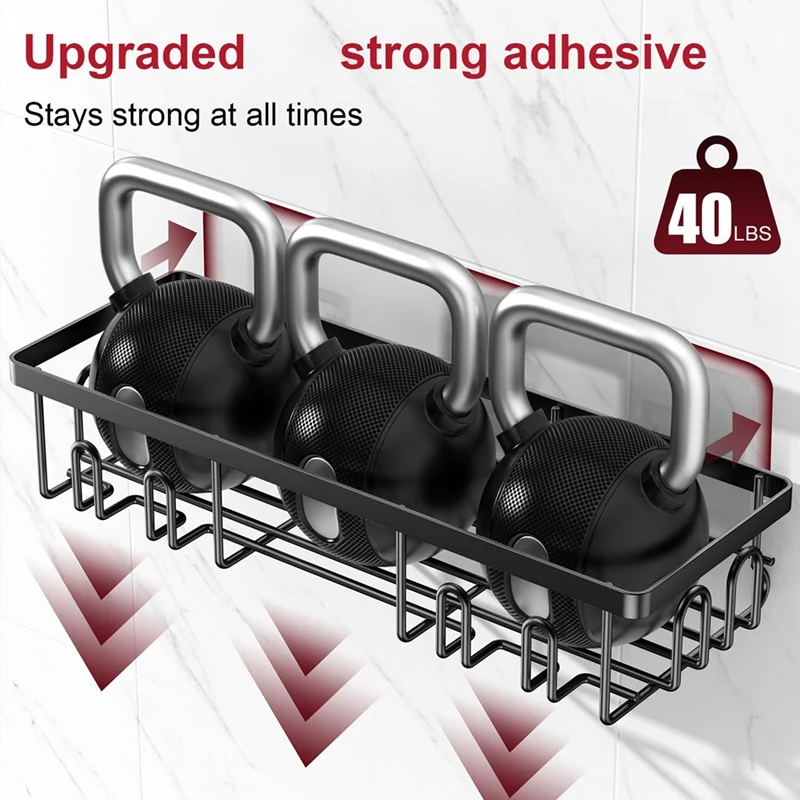 Stick-on Shower Organizer, Shower Rack with 16 Hooks, Black 2-Pack-A27R