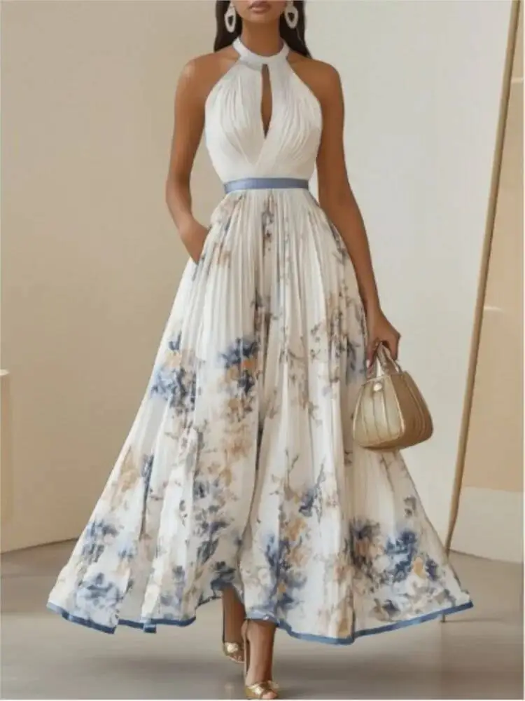 

Temperament Elegant Flower Print Dresses Women Sexy Hollow Out Folds Sleeveless Long Dress Socialite Commuting A-Line Vestidos