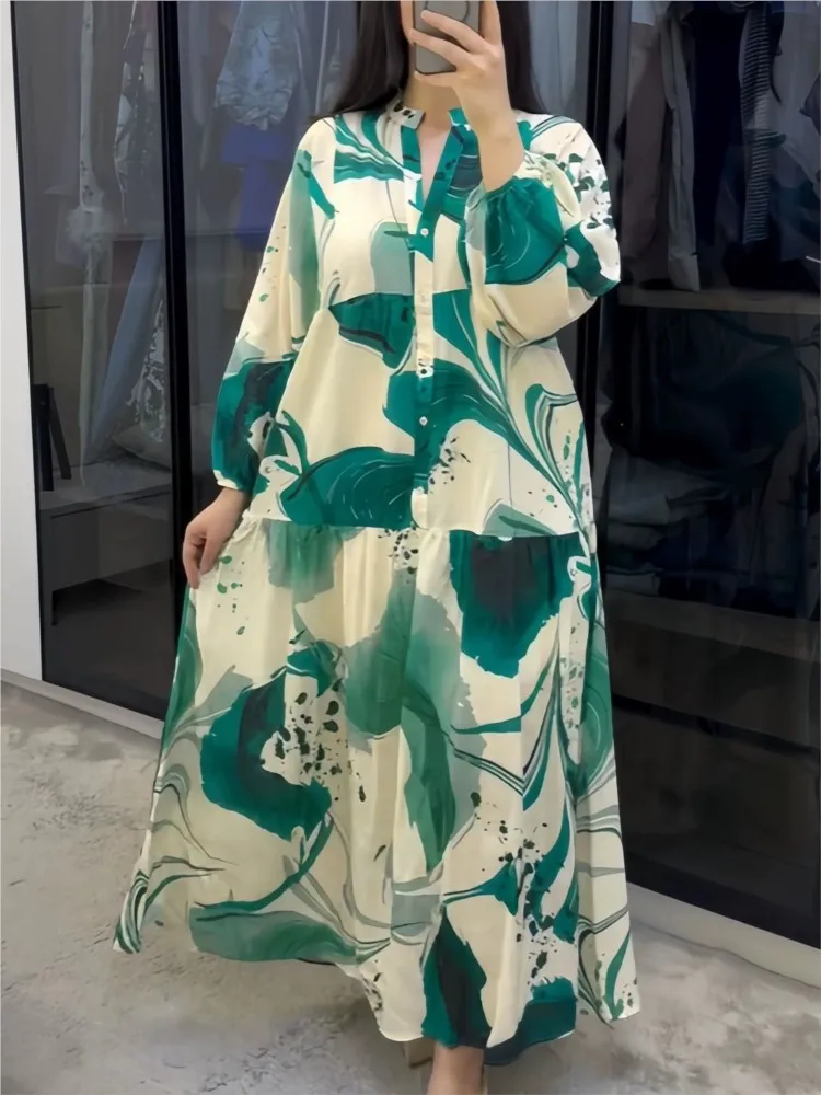 Printed Loose Shirt Long Dresse for Women's Long-sleeved V-neck Dresses New Fashion Spliced ​​elegant Female Casual Robe 2025