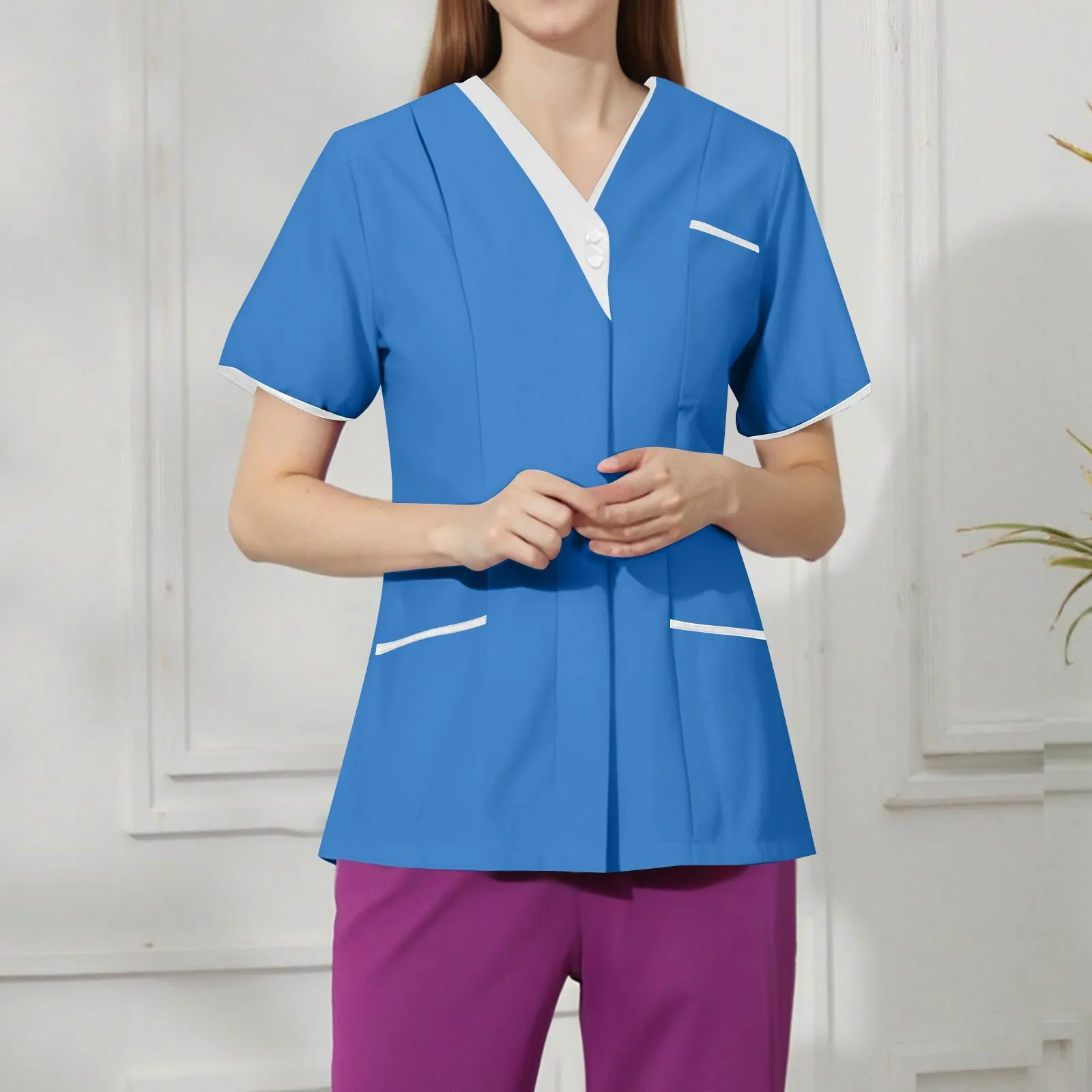 

Women's Scrubs Tops V Neck Short Sleeve Working Blouse Solid Color Undershirts For Women Doctors Nurse Workwear Scrubs Tops