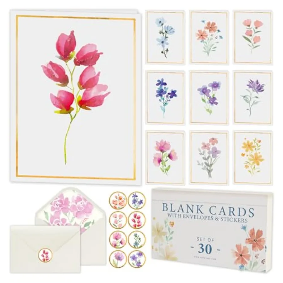 30 Premium Blank Cards with Envelopes and Stickers, 4x6 Inches Elegant Floral Designs, Versatile and Blank Inside, Organized an