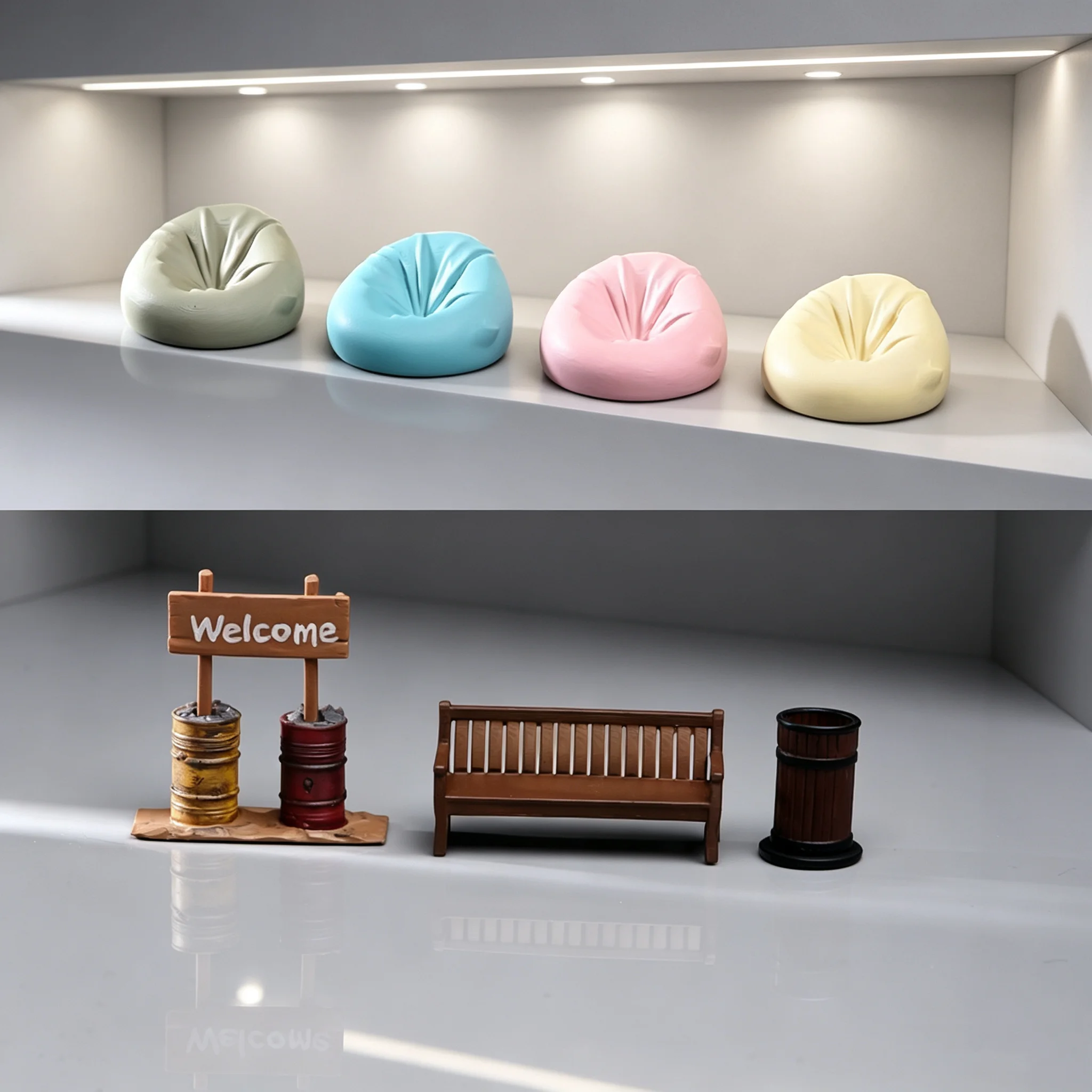 Painted Miniature 1/64 Scale Creativity Sofa Park Bench Trash Can Oil Drum Road Sign Street Scene Props 3D Model Display