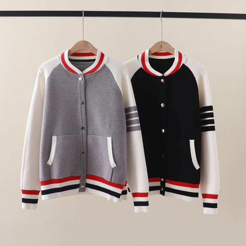 

TB four bar patchwork contrasting color baseball suit for women's autumn and winter new loose thick knit versatile loose jacket