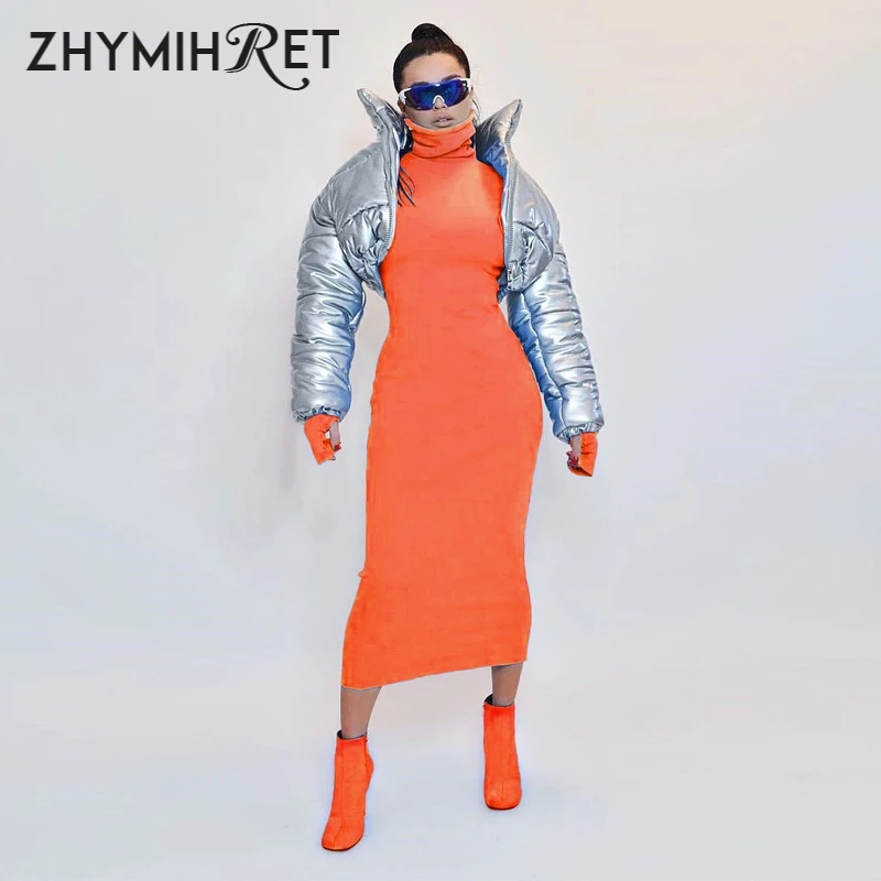 ZHYMIHRE Autumn Winter Turtleneck Neon Color Long Dress Women Long Sleeve Maxi Vestidos Fluorescence Sexy Party Dress Robe Femme