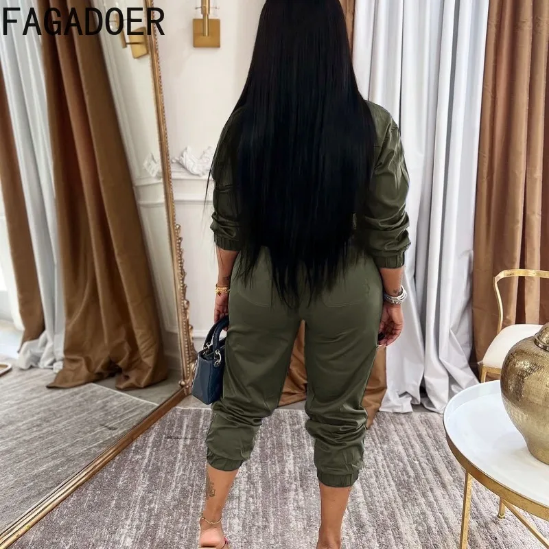 FAGADOER Jumpsuit Ritsleting Depan Saku Kasual Romper Bodycon Tambal Sulam Ruched Lengan Panjang Wanita Overall Pakaian Jalanan Wanita Baru