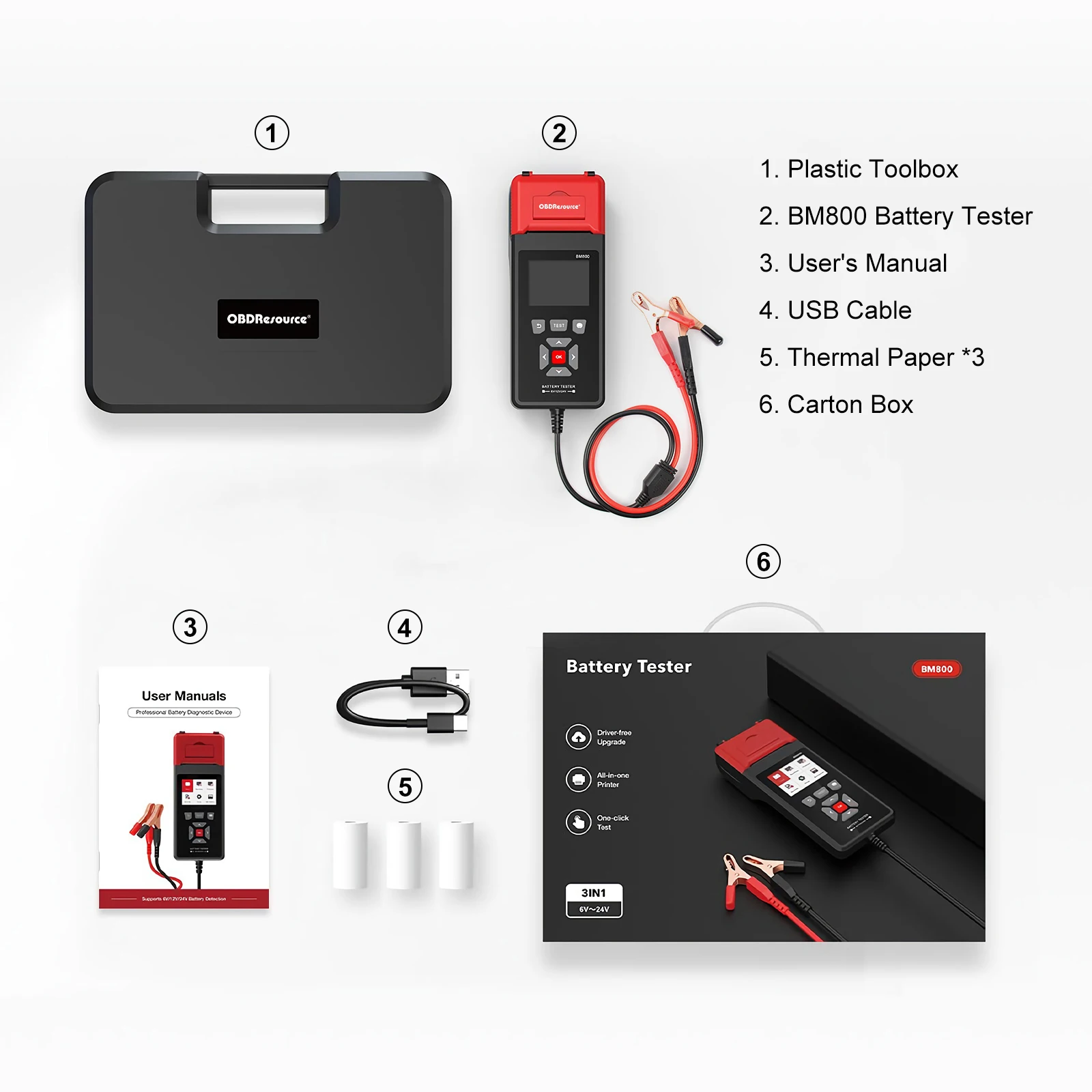 OBDResource Car Battery Tester with Printing Function, Auto Scanner Diagnostic Tool, BM800, 6V, 12V, 24V, Analyzer