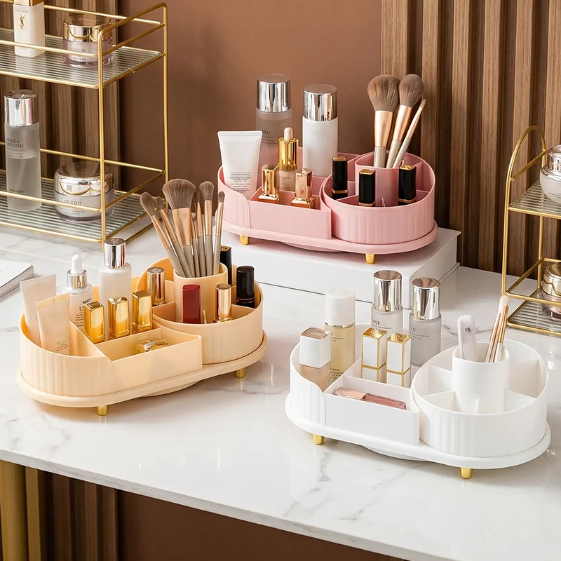 Desktop Cosmetics Storage Box, Rotatable Makeup Brush Storage Cylinder, Dressing Table, Eye Shadow, Brush Mouth, Red Box