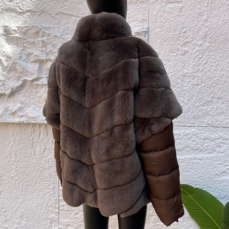 Natural Fur Puffer Jacket Real Rex Rabbit Fur Jacket With High Collar Women's Down Jacket Trending Short Genuine Fur Outerwear