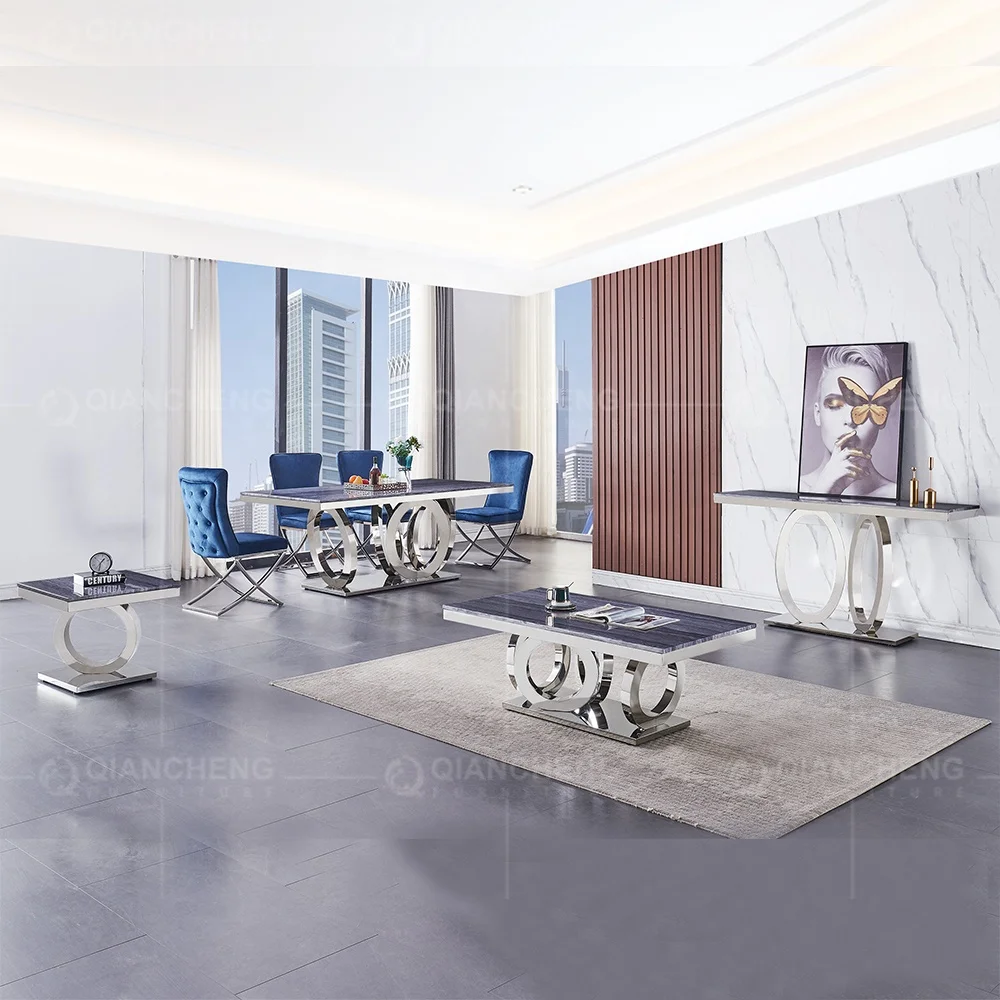 Modern dining room furniture dining table sets 6 chairs metal stainless steel glass dining tables