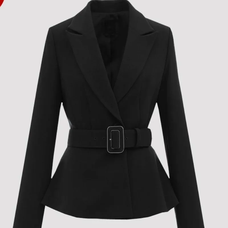 

Women's Autumn Winter Fashion Solid Color Suit Collar Button Strap Casual Versatile Long Sleeved Slim Fit Mid Length Suit Jacket