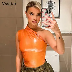 Vsstiar Sexy Metallic Color Women Body Top Orange One Shoulder Ruched Skinny Bodysuit 2023 Summer Fashion Party Club Clothing